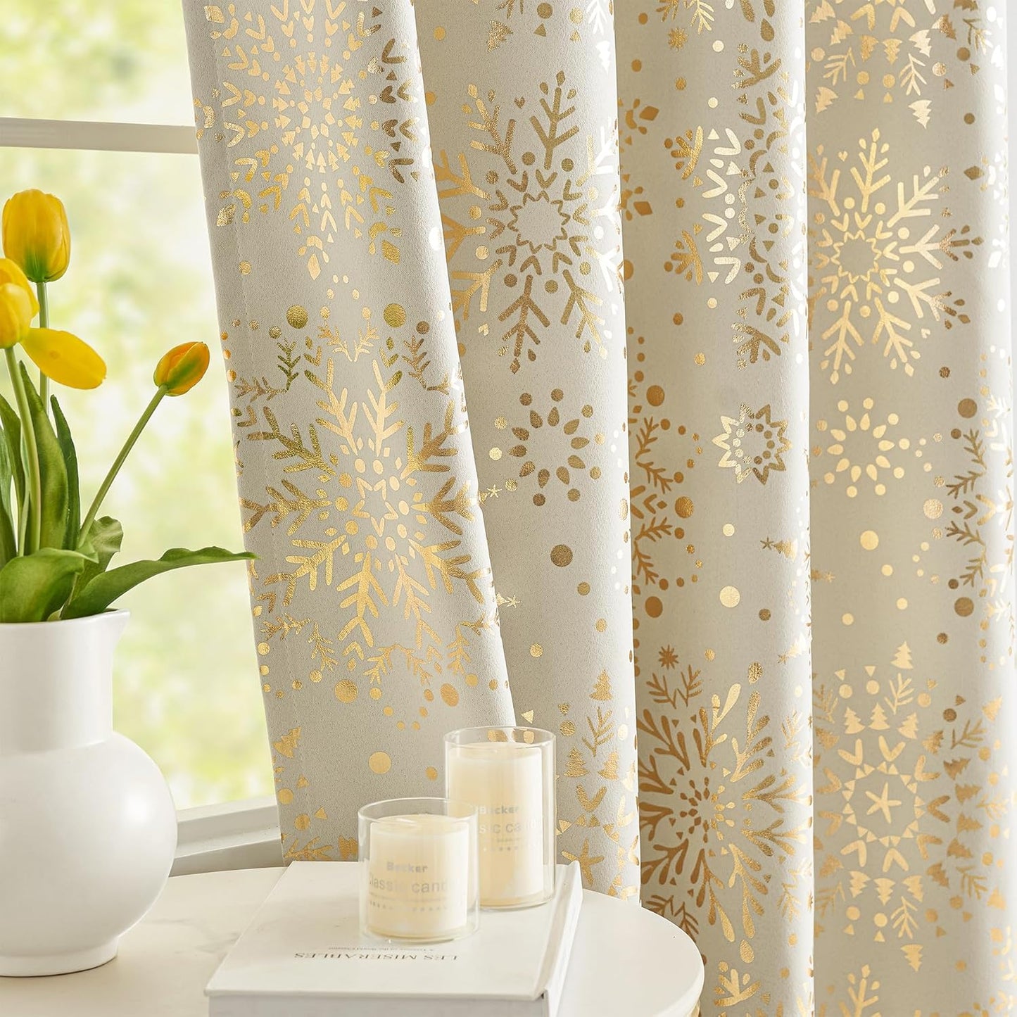 Ivory Gold Blackout Curtains Snowflake Print Curtain Panels 63Inch Medallion Floral Energy Saving 2Pcs