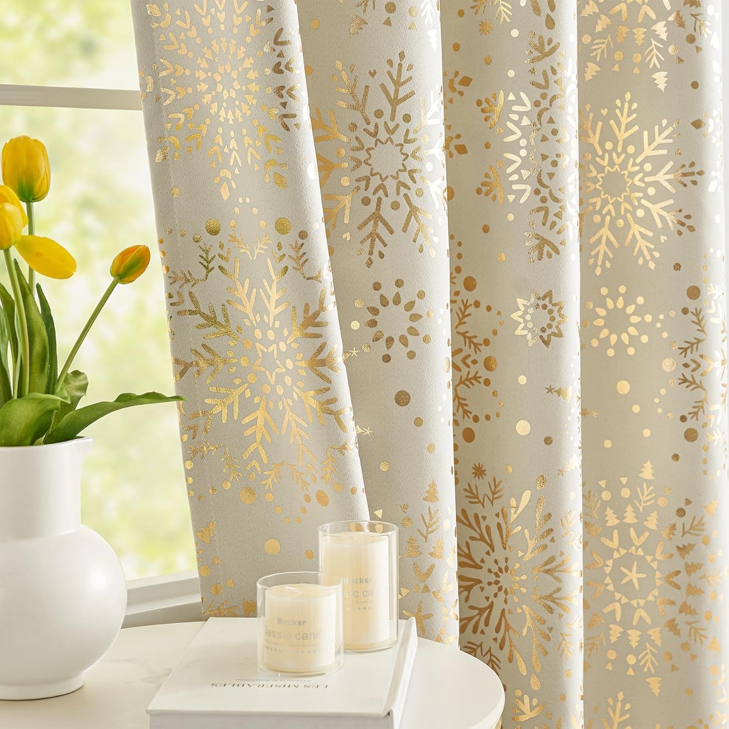 Ivory Gold Blackout Curtains Snowflake Print Curtain Panels 63Inch Medallion Floral Energy Saving 2Pcs