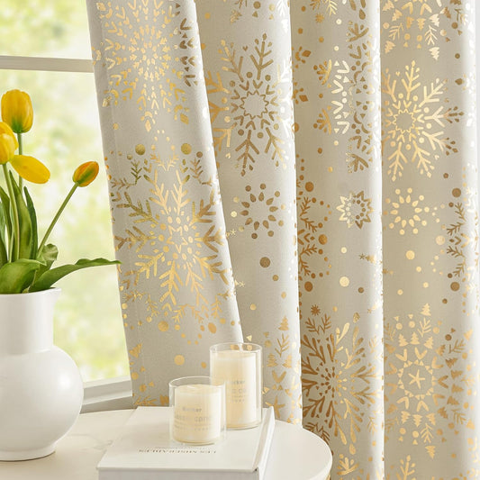 Ivory Gold Blackout Curtains Snowflake Print Curtain Panels 63Inch Medallion Floral Energy Saving 2Pcs
