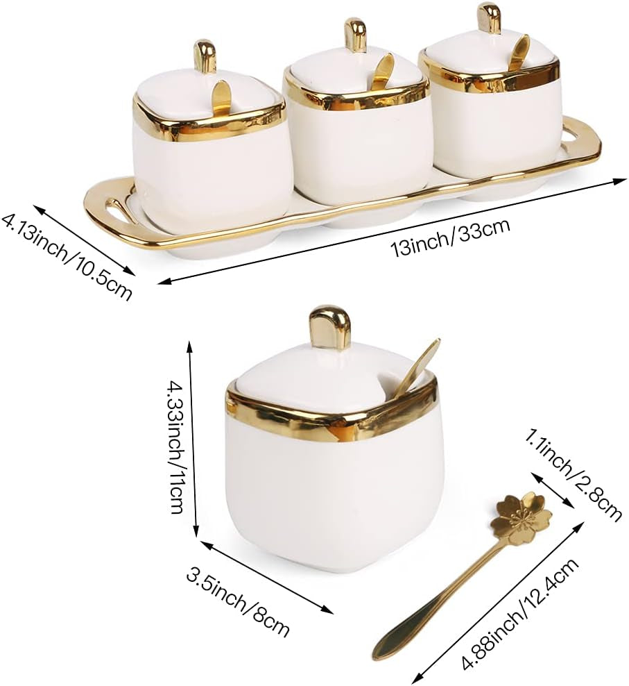 Sugar Bowl with Lid and Spoon, Ceramic Spice Containers for Countertop, Salt and Coffee Sugar Container Set, White Seasoning Bowls, Gold Condiment Container Set of 3 for Kitchen Coffee Bar