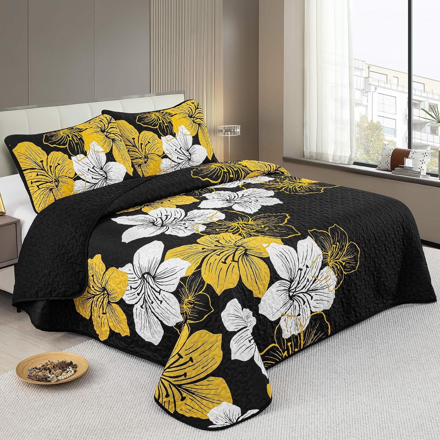 3 Pieces Quilt Set California King Gold Floral Pattern Black Quilt Coverlet Set 106"X 96"