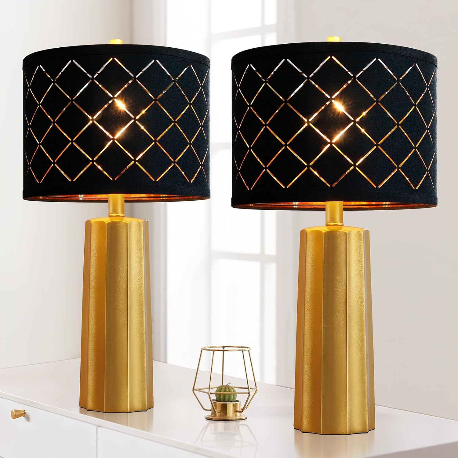 Set of 2 Modern Table Lamps, Gold Nightstand Resin Lamps with Black Grid Shade, 2 Bulbs Included (Gold)