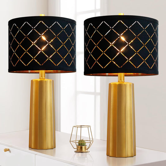 Set of 2 Modern Table Lamps, Gold Nightstand Resin Lamps with Black Grid Shade, 2 Bulbs Included (Gold)
