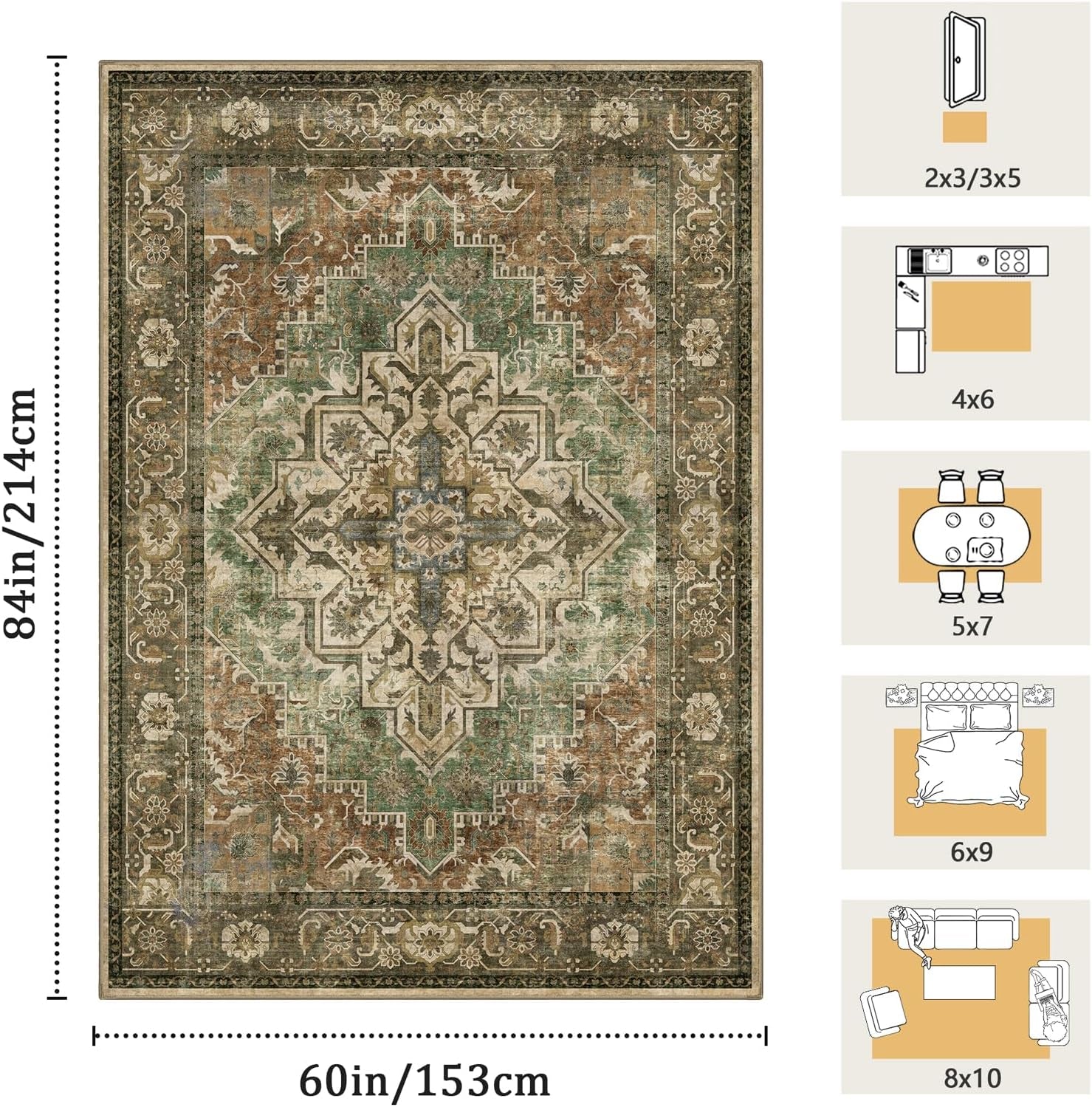 Green Vintage Floral Washable 5X7 Area Rug Non-Slip