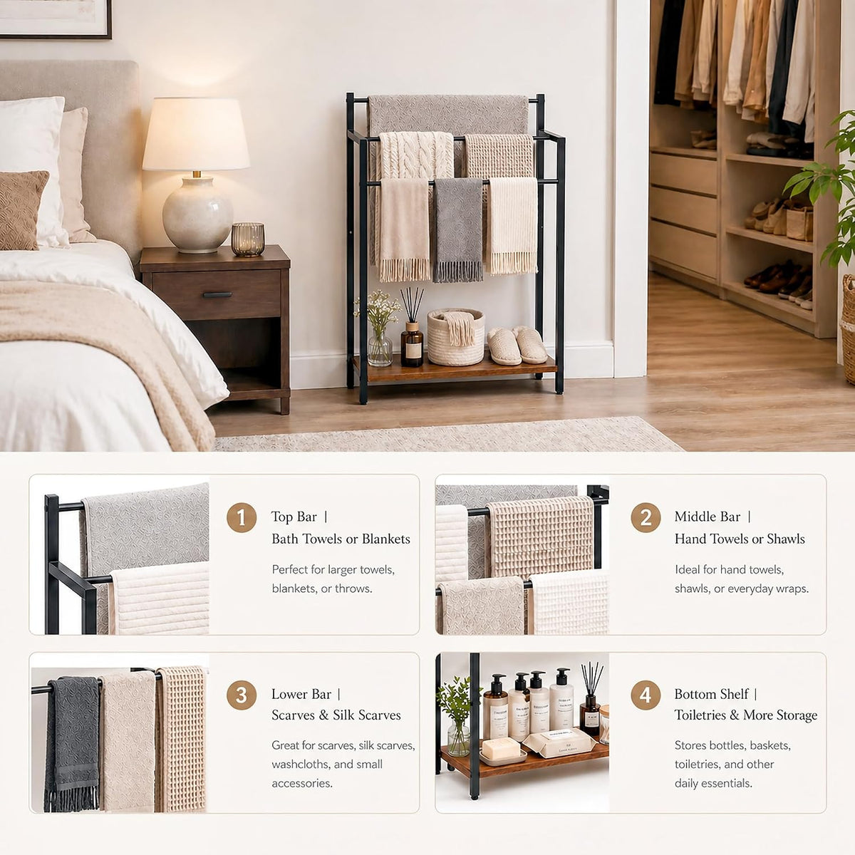 Freestanding Towel Rack with Rustic Brown Wood Shelf 24.8" 