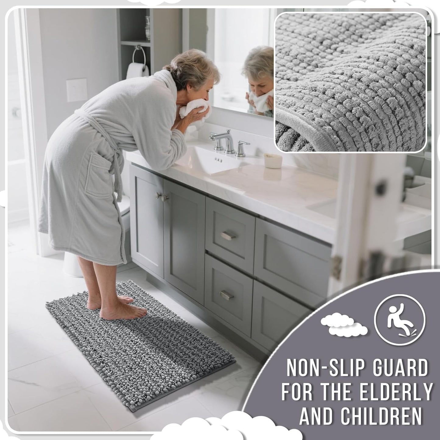 Bathroom Rug Set 3 Piece - Super Absorbent Quick Dry Chenille Bathmats & Toilet Rug, Grey