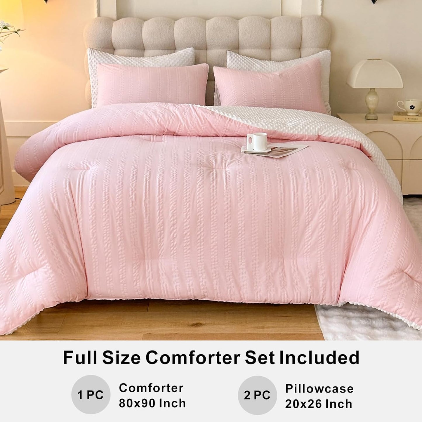 Boho Comforter Set, Full Size Striped Pleats Bohemian Seersucker Bedding Set, All Season Soft Cozy 3 Pieces Quilt with 2 Pillowcases(80"X90" Blush Pink)