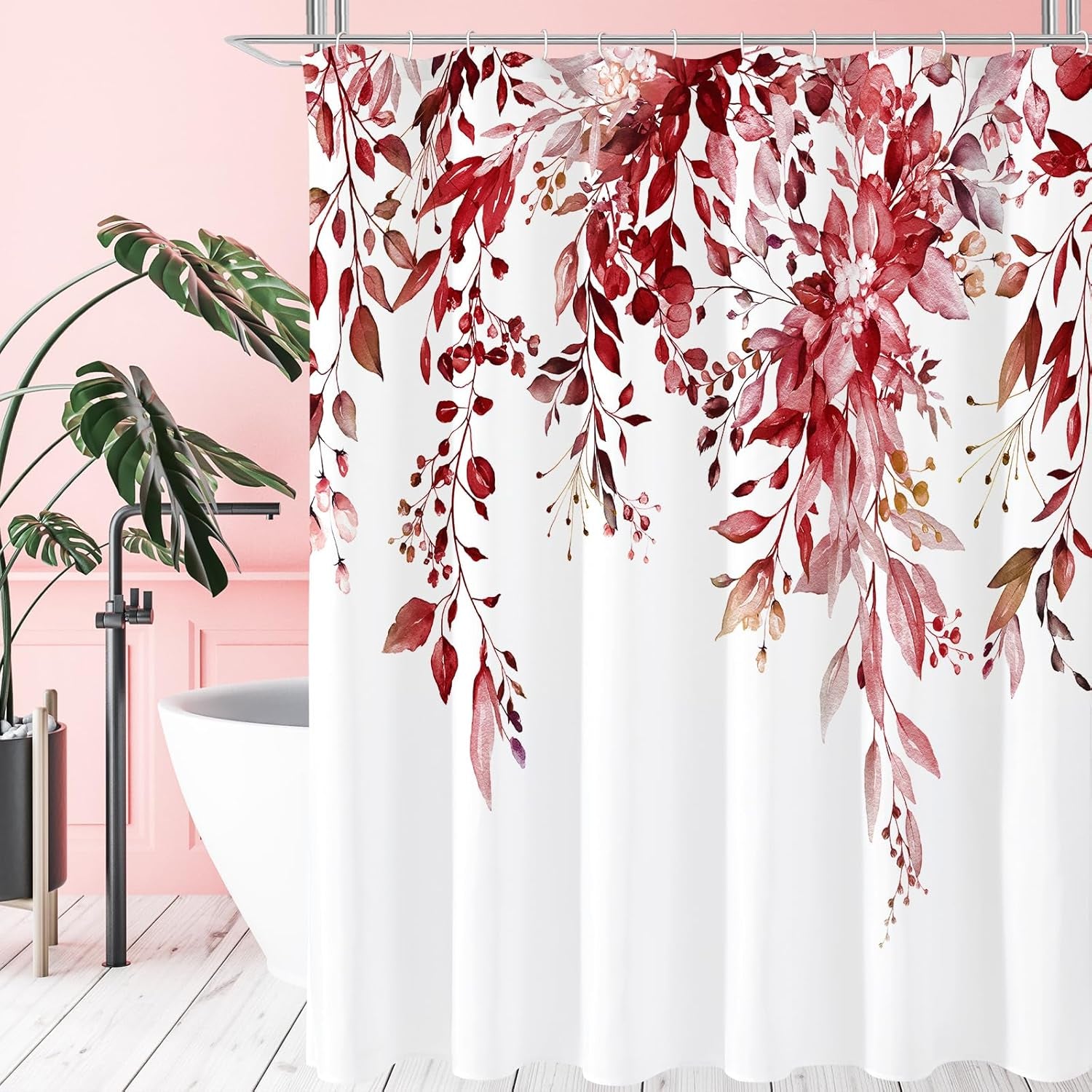 Burgundy Red Eucalyptus Shower Curtain, Watercolor Plant Leaves with Floral Bathroom Shower Curtain Set with Hooks, 72X72