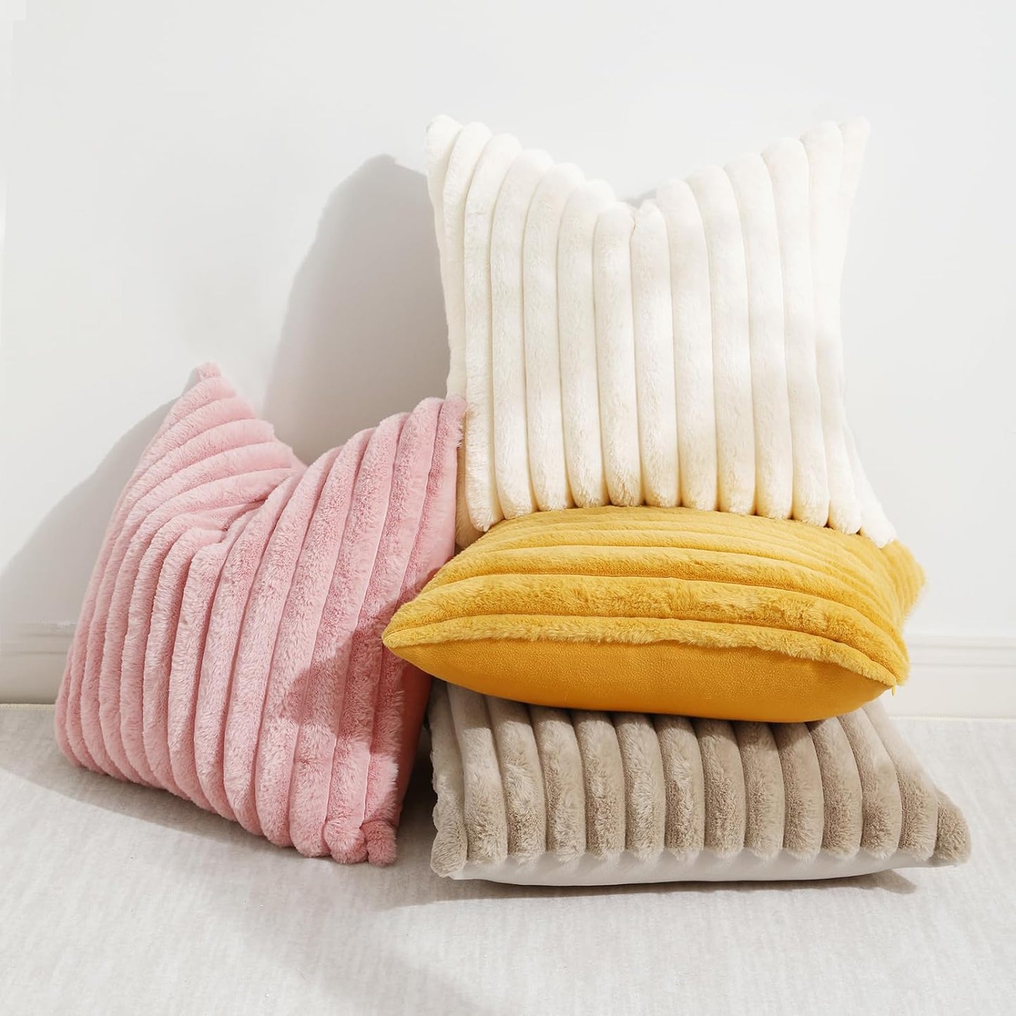 Faux Fur Throw Pillow Covers 18X18 Set of 2, Decorative Soft Plush Striped, Mustard Yellow