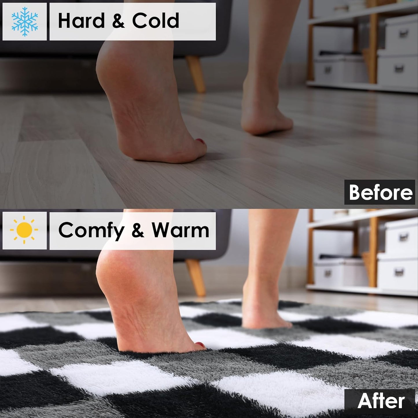 Area Rugs for Bedroom, 4X6 Fluffy Soft Black White Grey Checkered Rug Fuzzy Shag Shaggy Floor Carpet