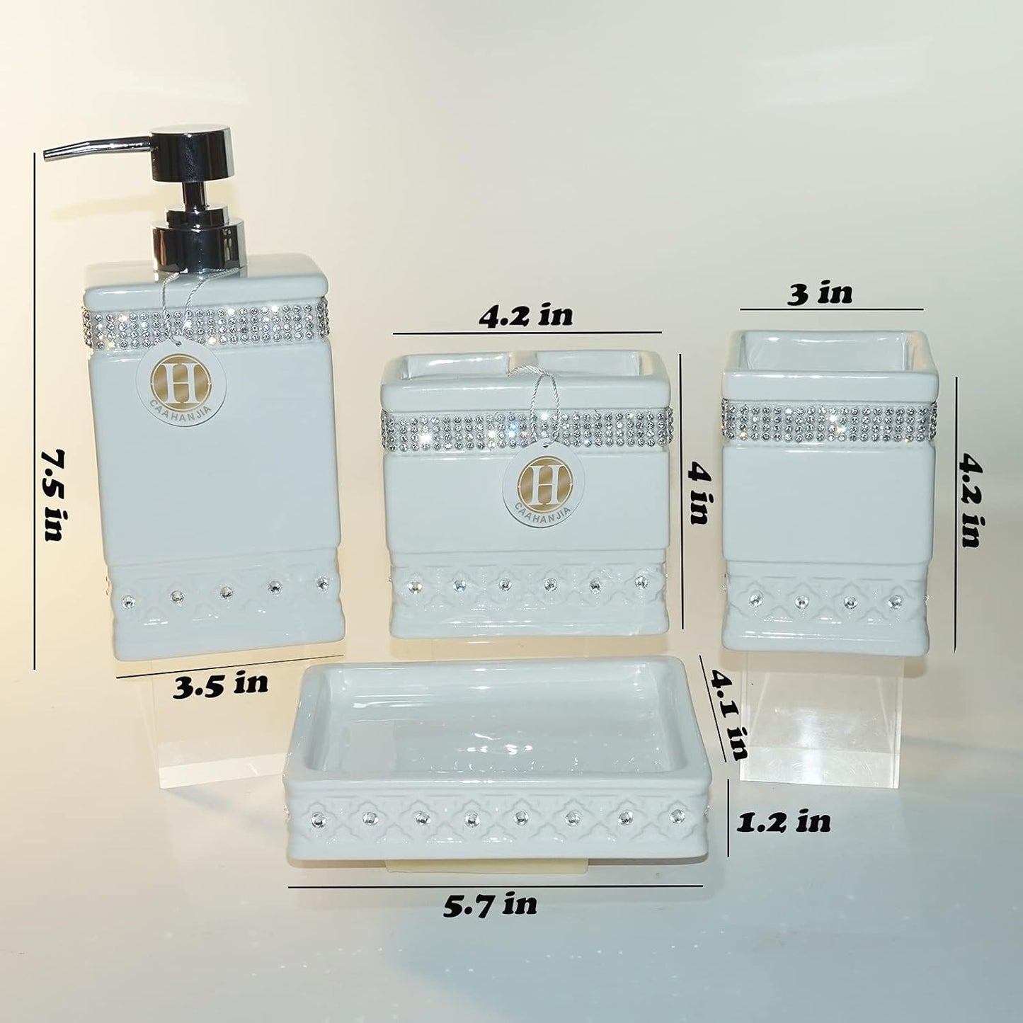 Bathroom Accessories Set 4 Pcs-Ceramic Set, Soap Dispenser Pump, Toothbrush Holder, & Tumbler Cup & Soap Dish 