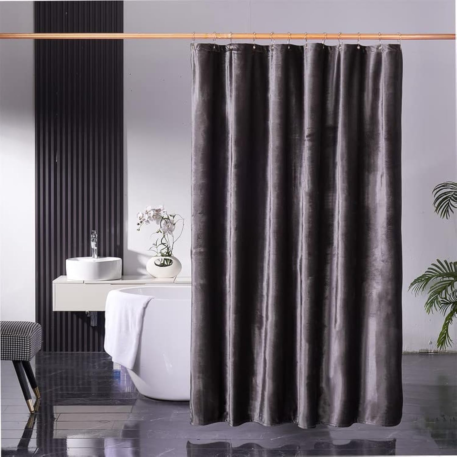 Heavy-Duty Fabric Luxury Shower Curtain with Hooks, Velvet 72 X 72 Inches (Grey)