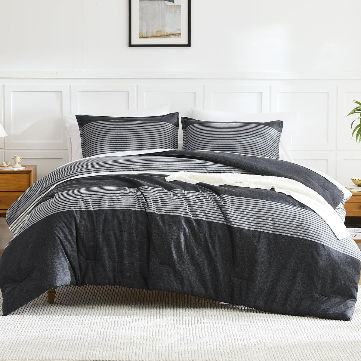 Queen Comforter Set Black - 3 Pieces Stripe Bedding Comforter Sets