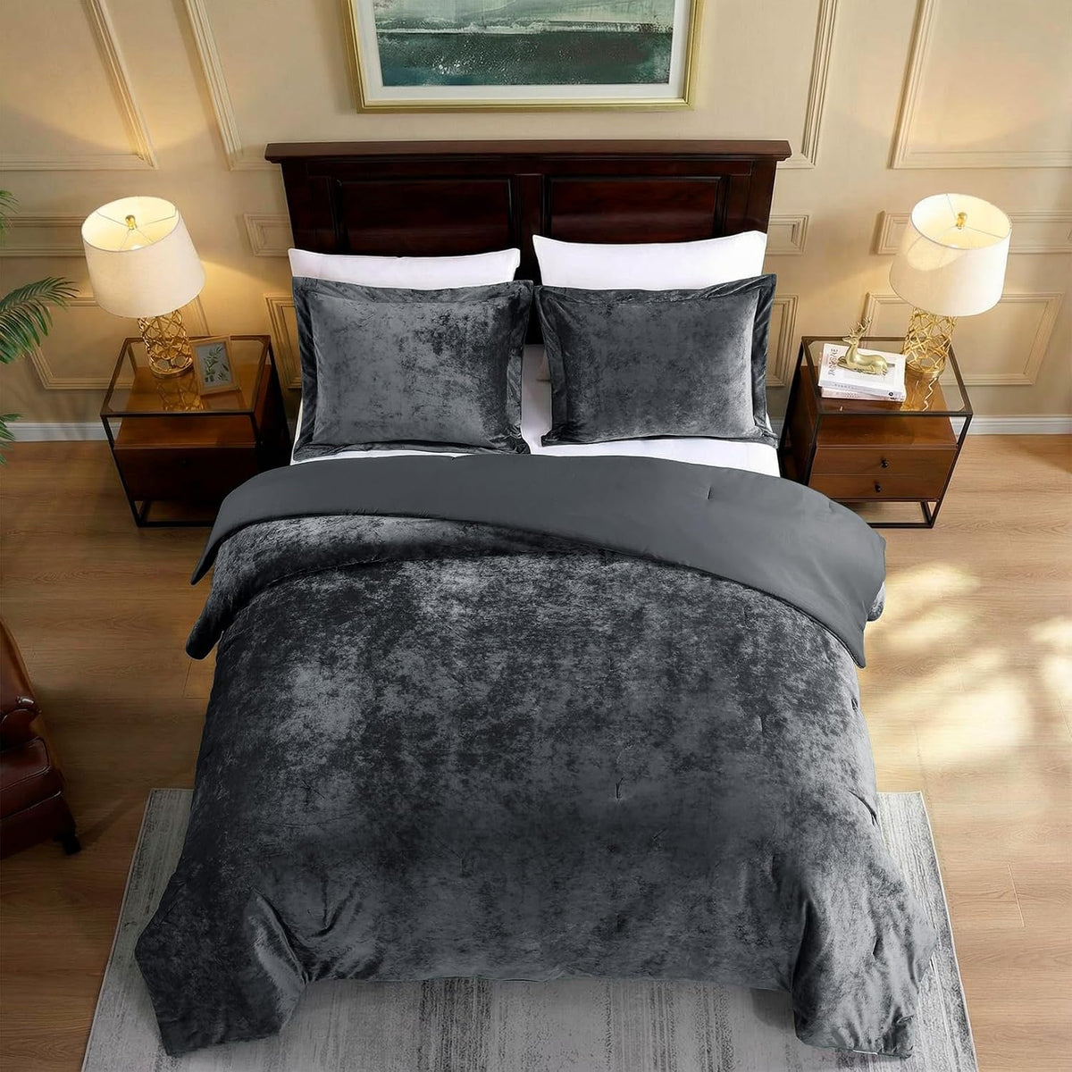 Velvet Queen Comforter Set, Luxuriously Soft Comforter Queen Size, Lightweight Bedding Set for All Seasons, Comforter (92"X96") with 2 Matching Shams (20"X26"), Grey