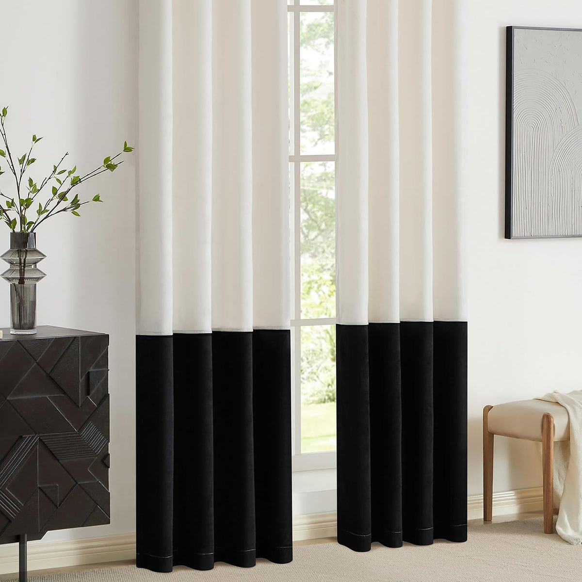 Modern Cream White Black Decorative Velvet Curtains 84 Inches 2 Panels