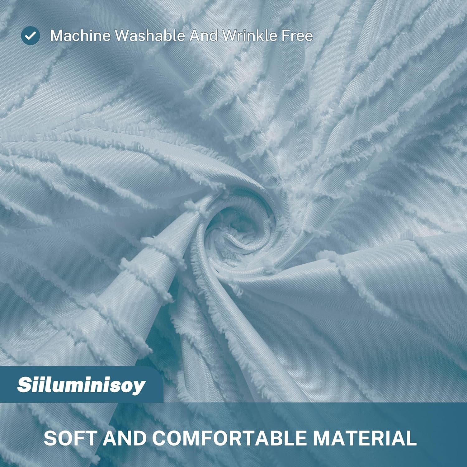 Fog Blue Boho Woven Fabric Cute Shower Curtain, 72 X 72 Tufted Leaves Textured Striped Modern Farmhouse 