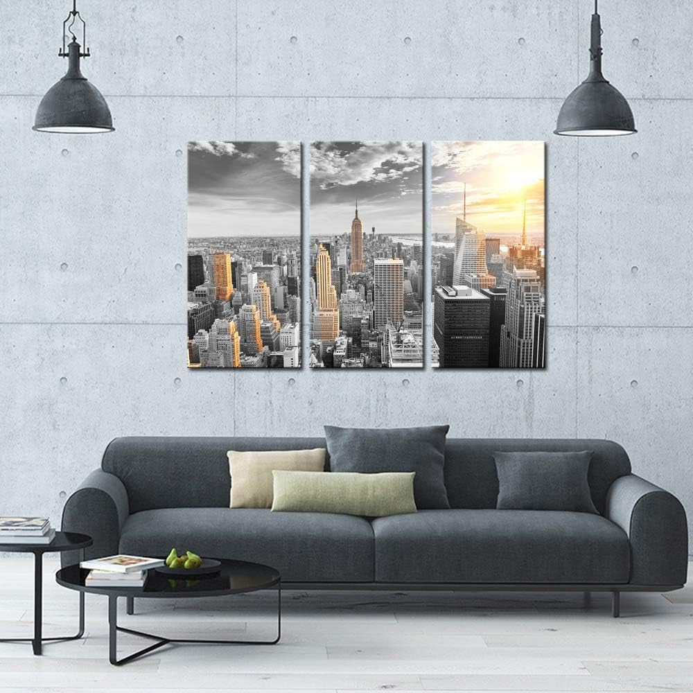 Large 3 Piece New York City Canvas Wall Art Modern Black and White NYC at Gold Sunset Picture Prints Cityscape Skyline Poster Framed for Home Office Living Room Decor
