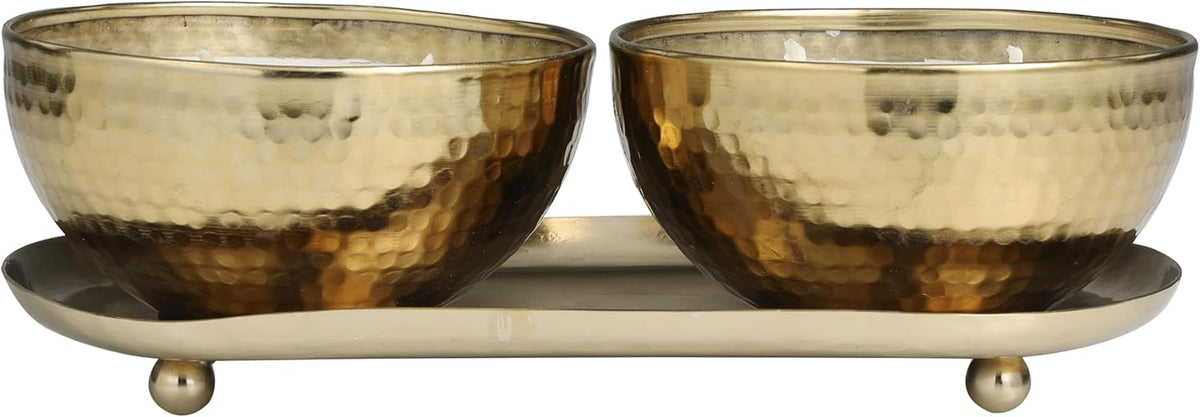 Deco 79 Metal Decorative Candle Egyptian Mint Scented Hammered 12 Oz 2 Wick Aromatherapy Candle with White Wax, Set of 2 Wax Aromatherapy Candle 10" W, 3" H, Gold