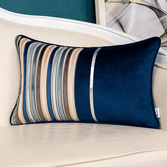 Navy Blue Striped Patchwork Throw Pillow Cover Gold Leather, 12X20 Inch