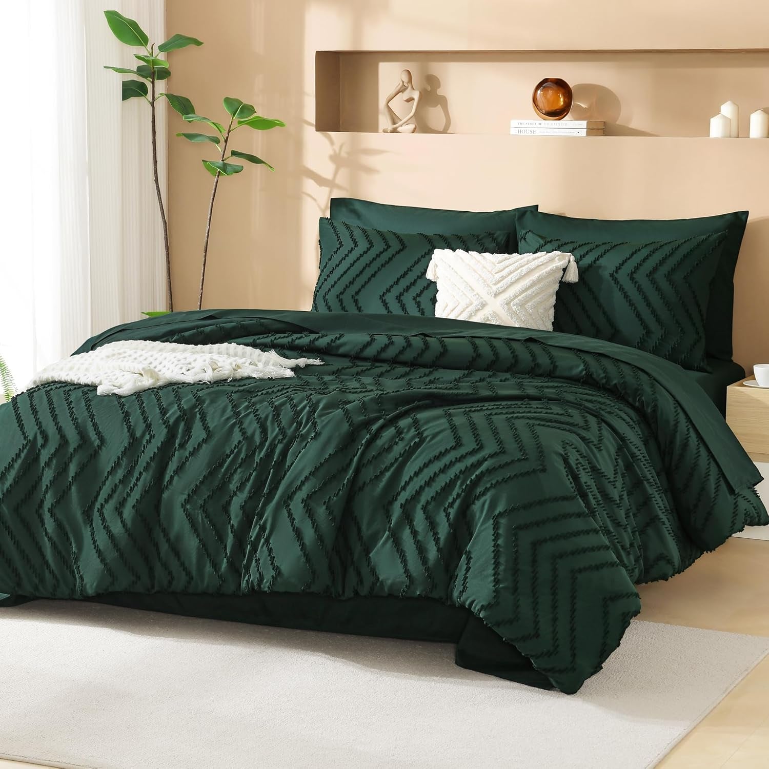 Comforters Queen Size Set with Sheets Dark Emerald Green - 7 Pieces Chevron Tufted Bedding Sets with Comforter, Sheets, Pillowcases & Shams