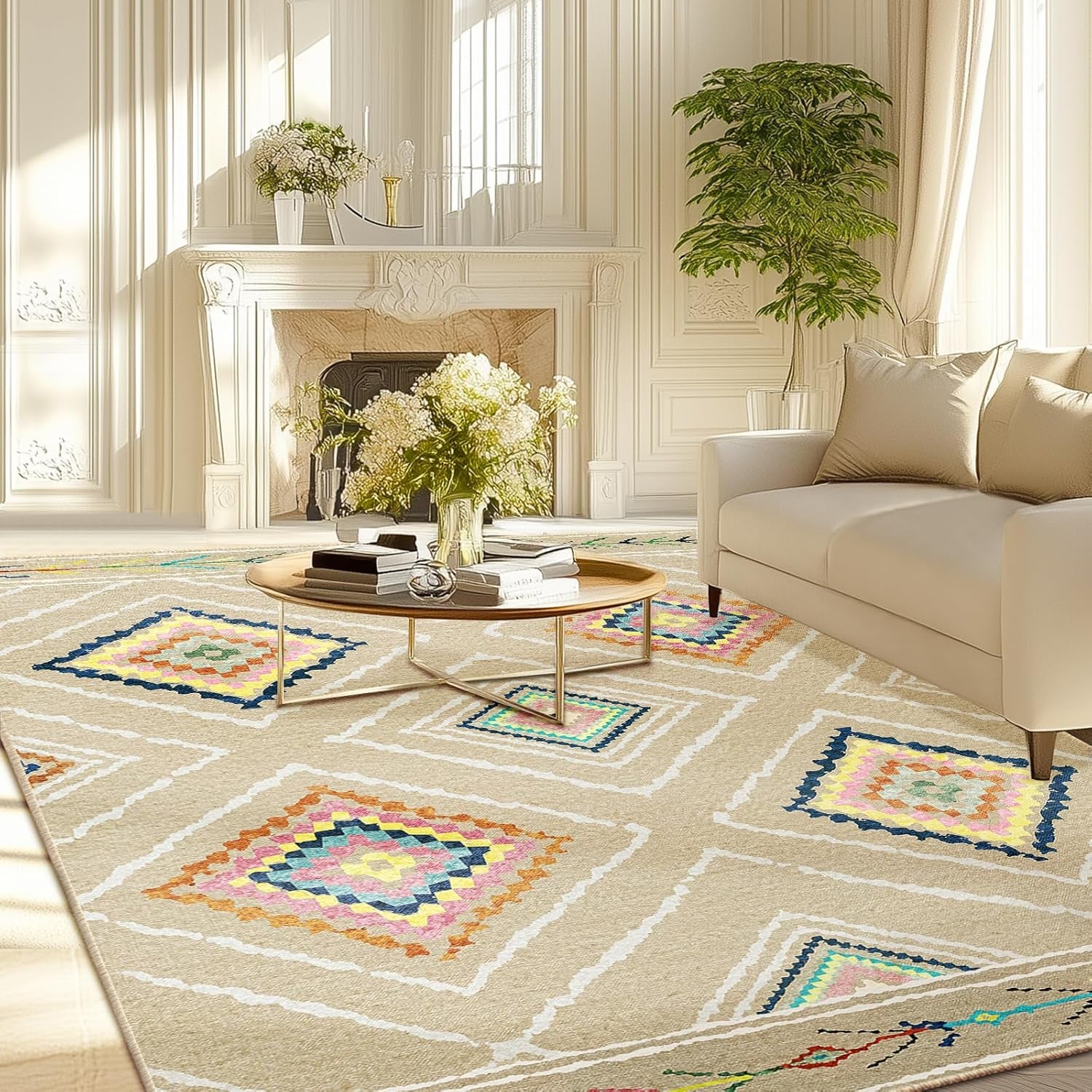 Area Rug 5X7 Rug Machine Washable Non-Slip Print Pattern Western Rug -Cream/Beige