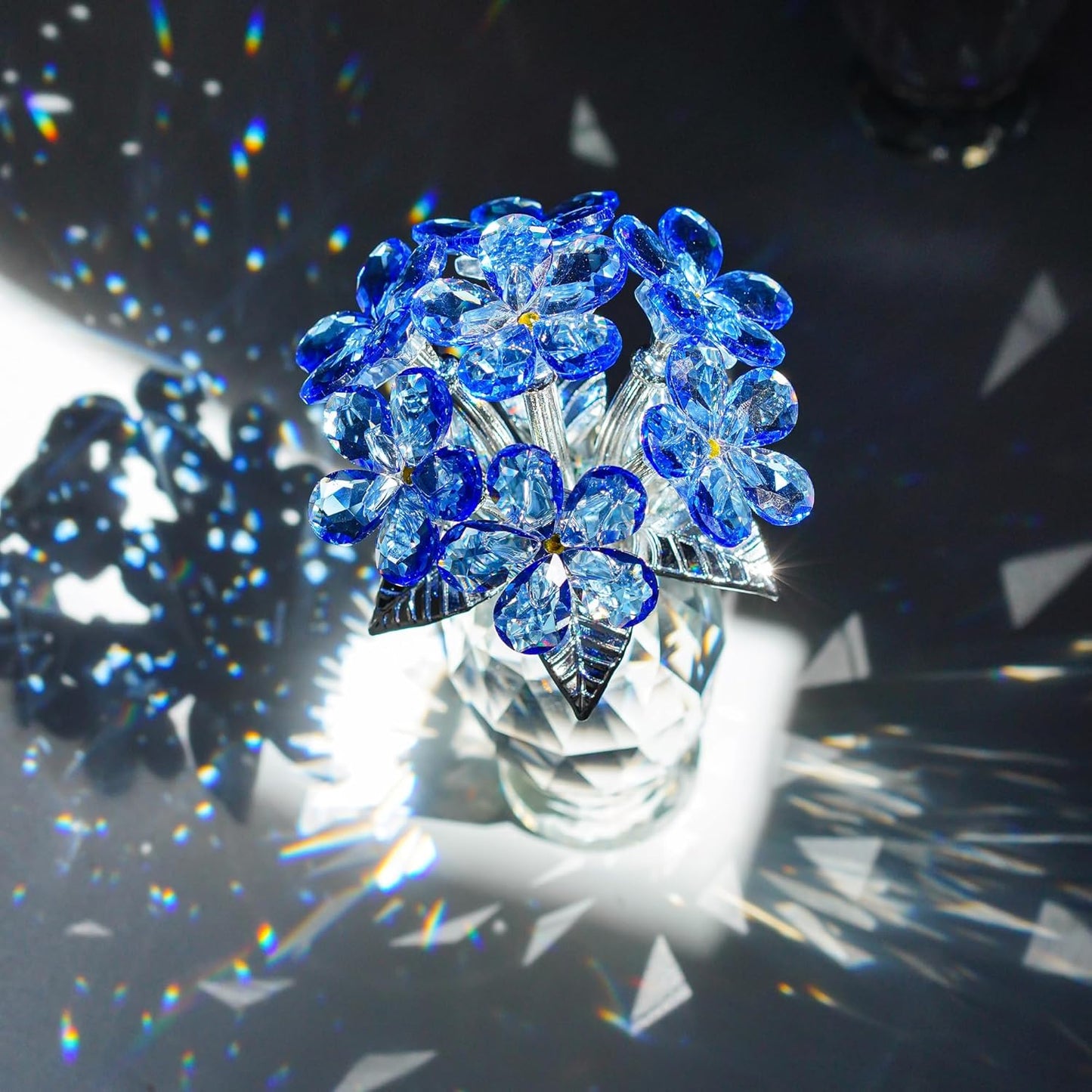 Blue Crystal Forget Me Not Flower Figurine, Crystal Glass Flower Ornament for Home Decor Table Centerpiece