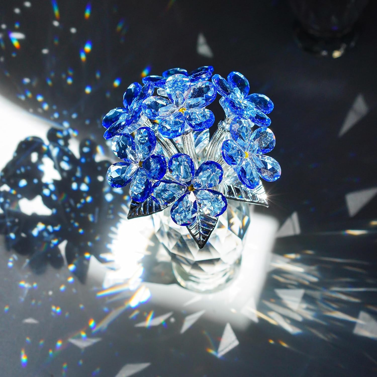 Blue Crystal Forget Me Not Flower Figurine, Crystal Glass Flower Ornament for Home Decor Table Centerpiece