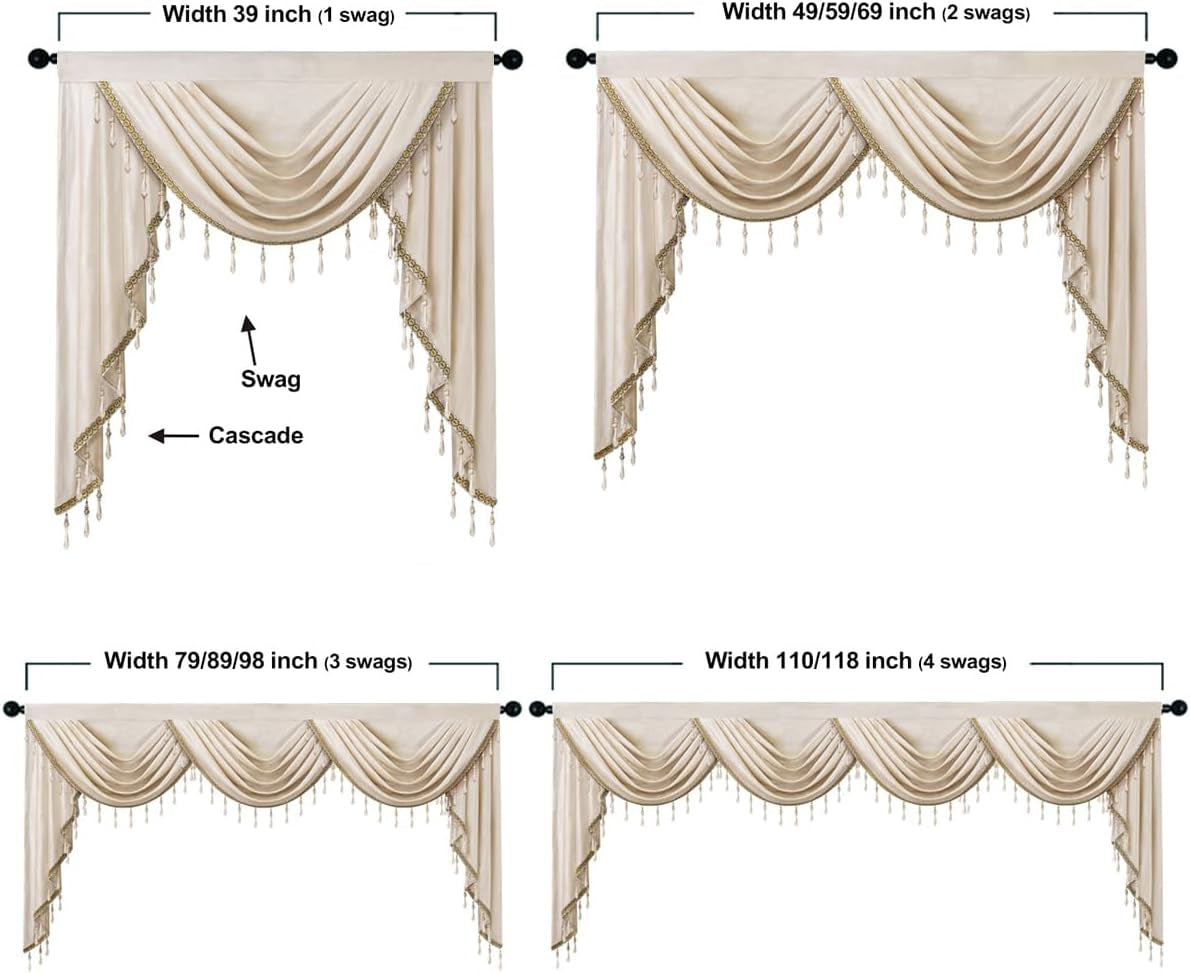 Luxury Cream Velvet Curtain with Beads (39Inch,1 Panel)