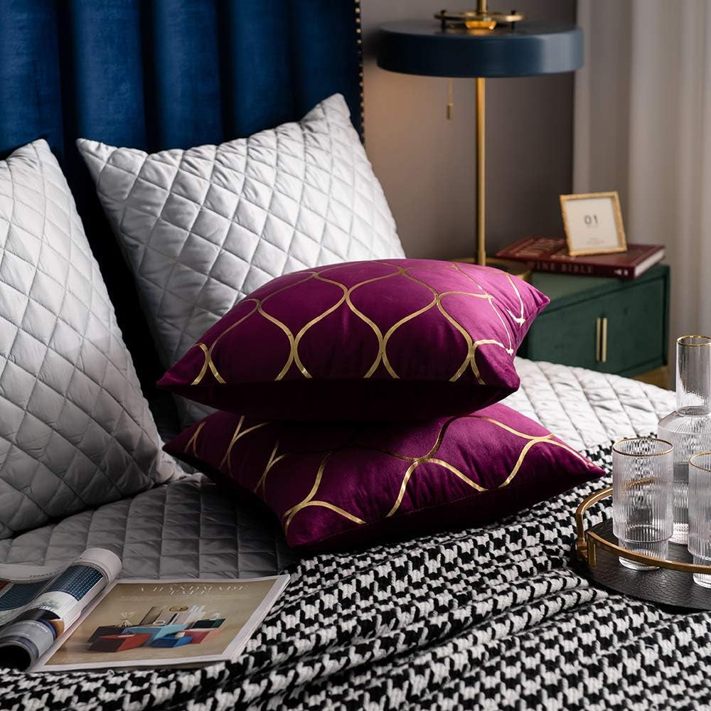 Gold Velvet Throw Pillow Covers Purple: 2 Pack 20X20 Inch 