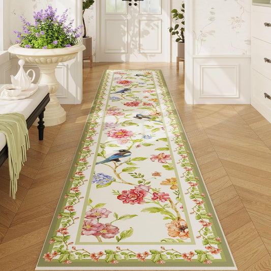 Runner Rug Non-Slip 2'X10' Long Washable with Rubber Backing, Soft Floral Bird Magpies Animal Carpet (White)