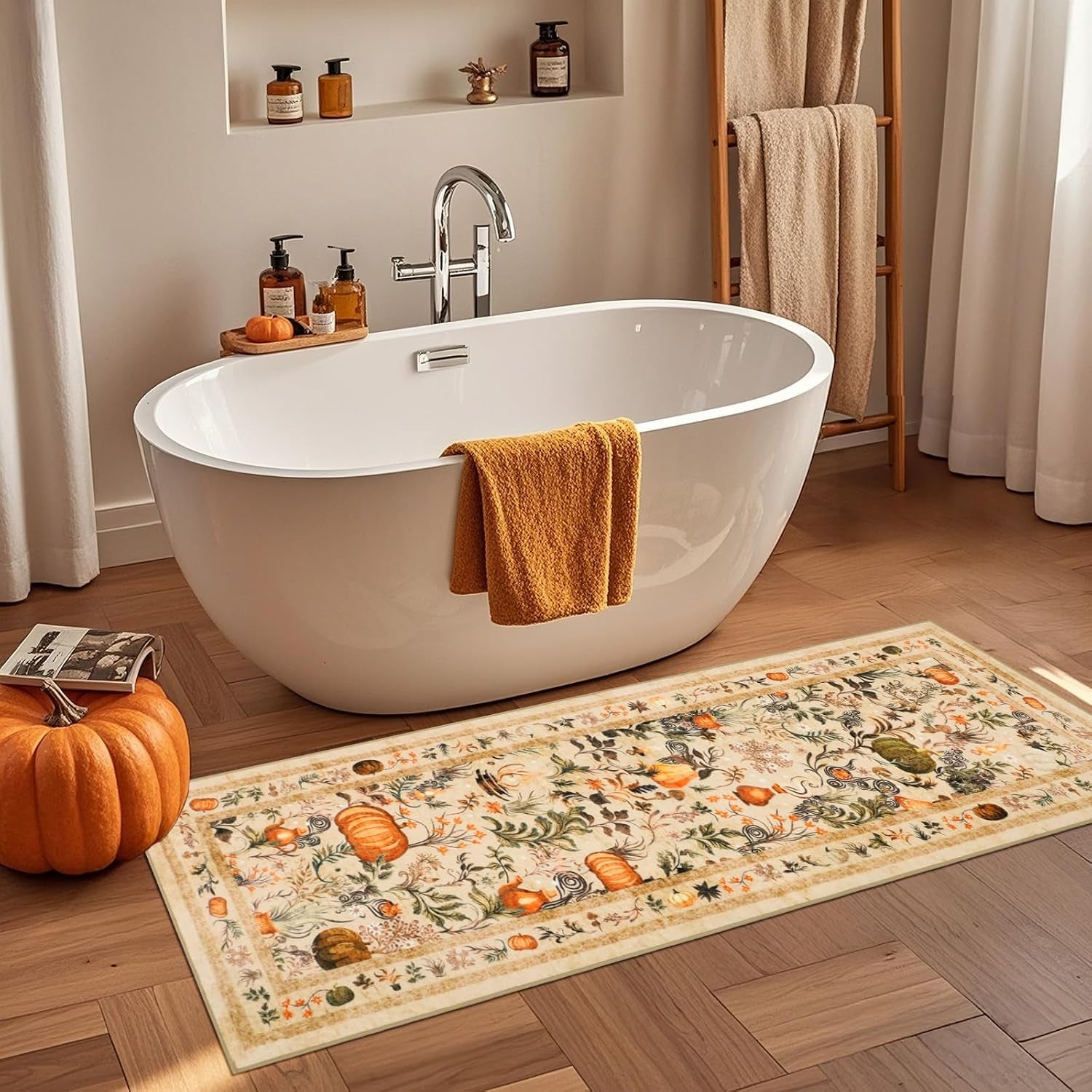 Pumpkins Fall Runner Rug Low Pile, Thanksgiving Kitchen Rugs 2X6Ft, Washable Holiday Mats for Kitchen Floor Non-Slip, Autumn Home Decor for Bedroom Entryway Laundry Room (Orange)