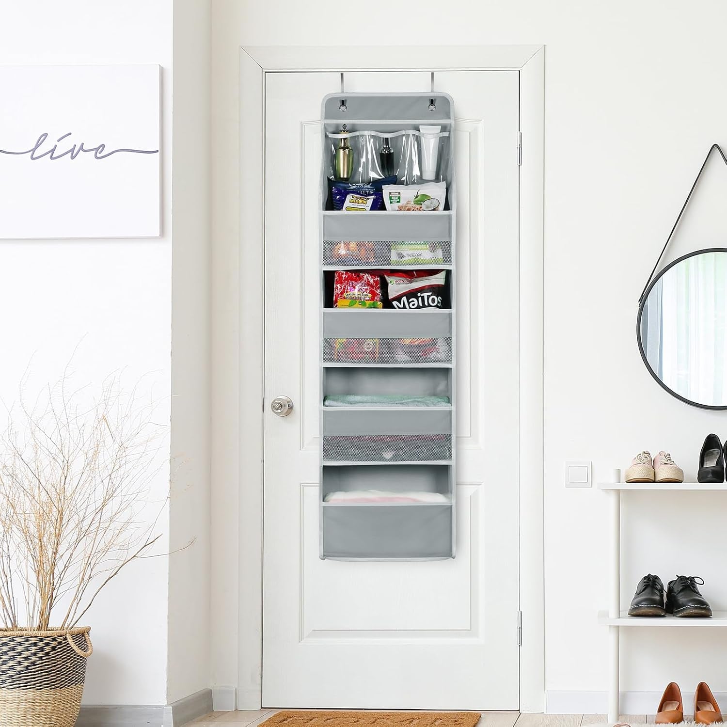 5-Shelf Fabric Door Storage over Door Hanging Organizer with 4 Large Pockets and 3 Small PVC Pockets Nursery Closet Cabinet (Grey)