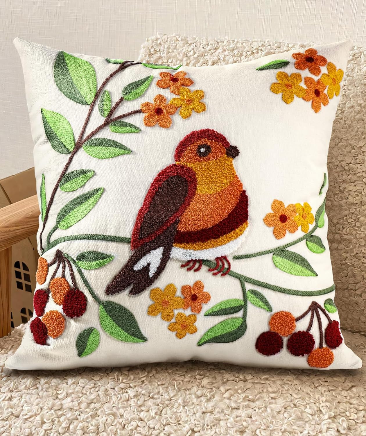Embroidered Throw Pillow Covers - 18X18 Decorative Pillow Covers with Zipper Aesthetic Cute Design, Tree Bird