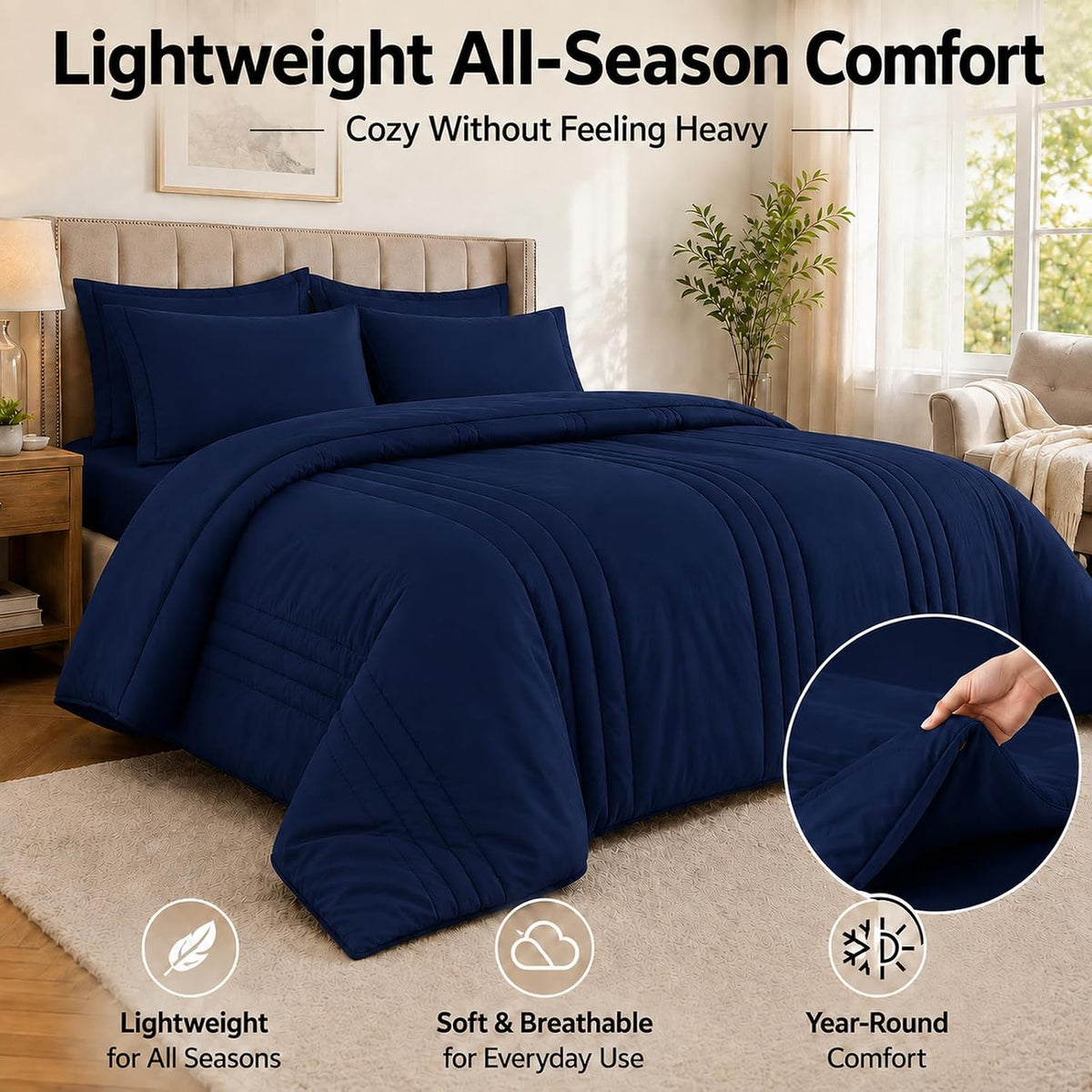 King Size Comforter Set Navy Blue, 7 Pieces Bed in a Bag Bedding