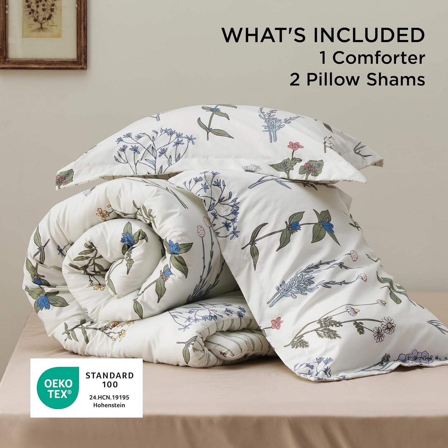 Comforter Set Queen Size - Cute Floral Bedding Comforter Set, 3 Pieces, 1 Soft Reversible Coconut White Botanical Flowers Comforter and 2 Pillow Shams