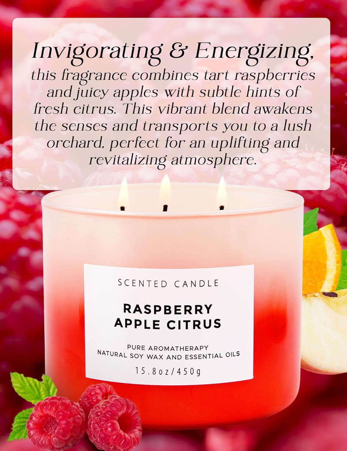 Raspberry Apple Citrus Candle | 3 Wick Soy Candle | Spring Scented Candle 15.8 Oz