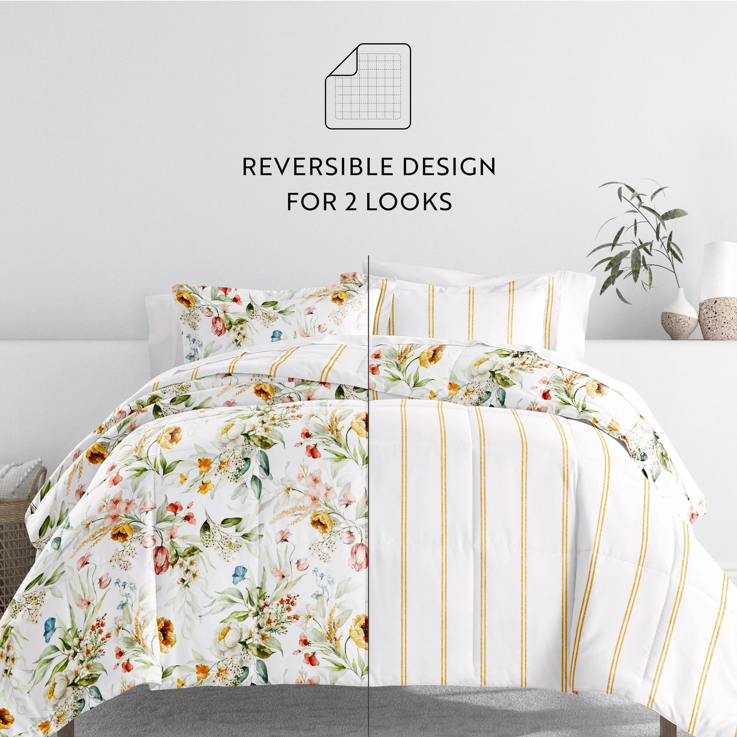 - Twinxl Bedding Bundle, Patterned Microfiber Comforter and Solid Sheet Set in Cabbage Chintz Floral Stripe Clay