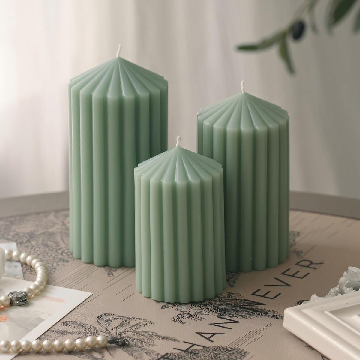 Sage Green Ribbed Pillar Candles 3 Pack, Soy Wax Unscented