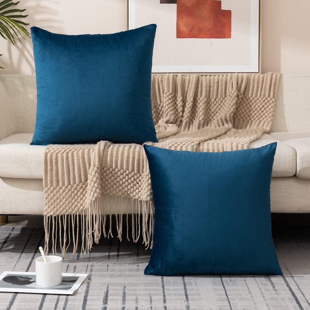 Velvet Pillow Covers with Inserts Included 18X18, Pack of 2 Soft Solid Decorative Throw Pillows for Sofa Bedroom Car (Navy)