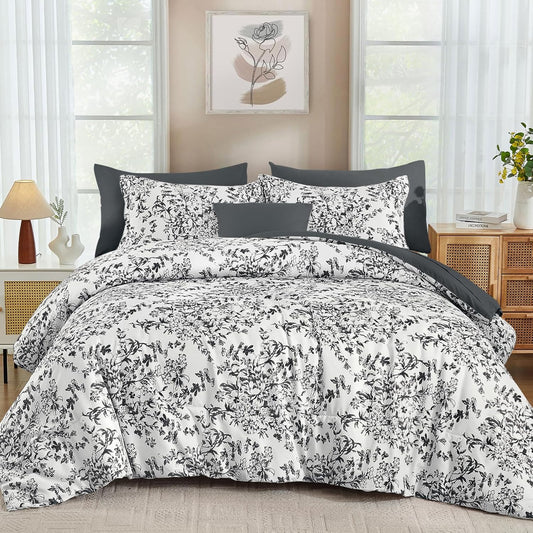 Comforter Set Queen, 8 Pieces Black Gray Floral Botanical Plants Print Comforter, for All Season (90"X90")
