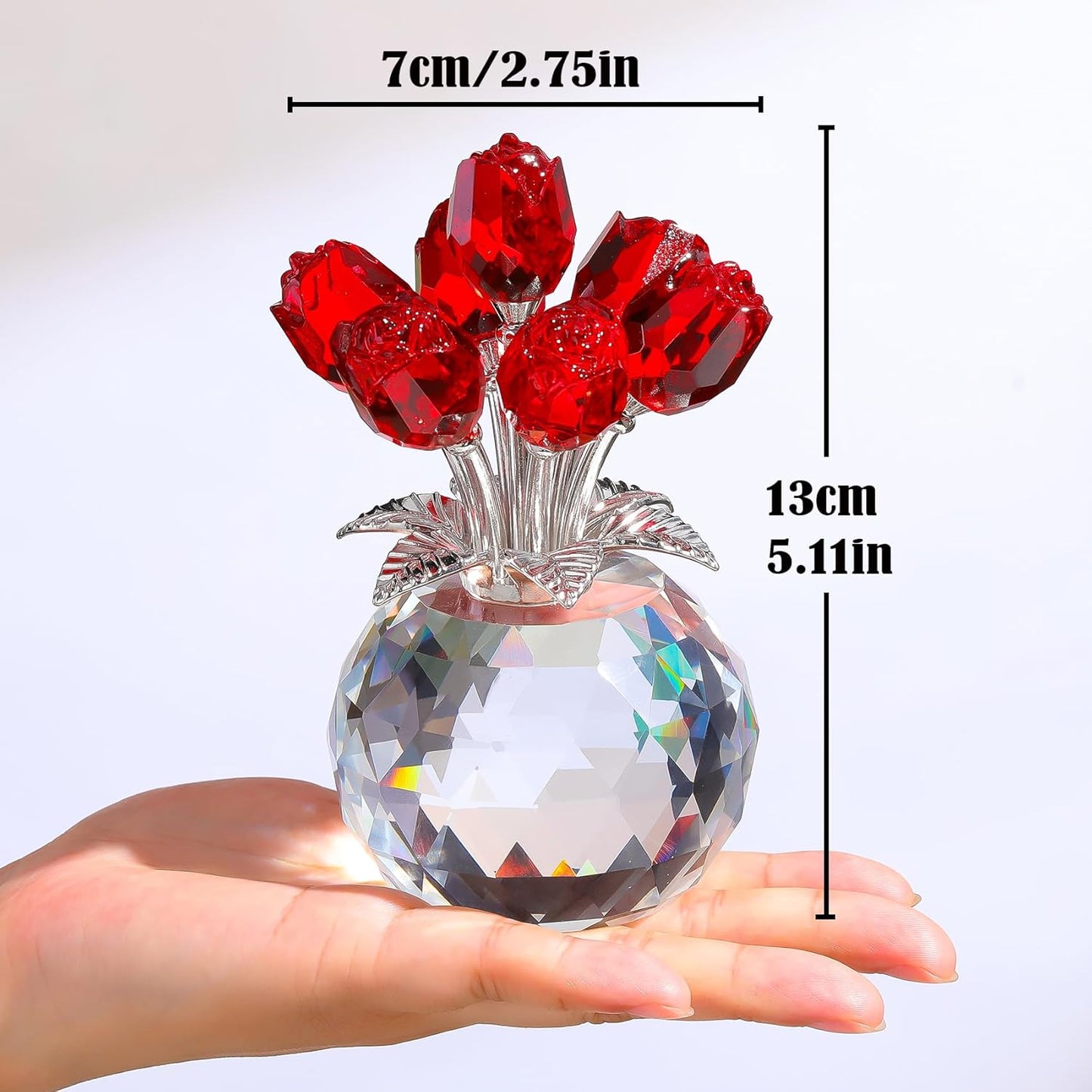 Crystal Red Rose Bouquet Figurine with round Vase