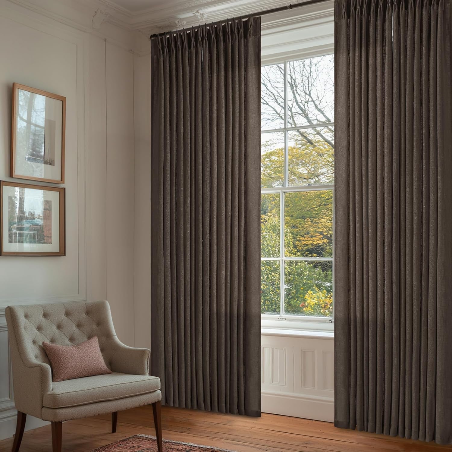 Dark Chocolate Pinch Pleated Linen Curtains 2 Panels Memory Training Shaped Semi Sheer Pleat Drapes with Hooks Rings Light Filtering Window Curtain 40X90