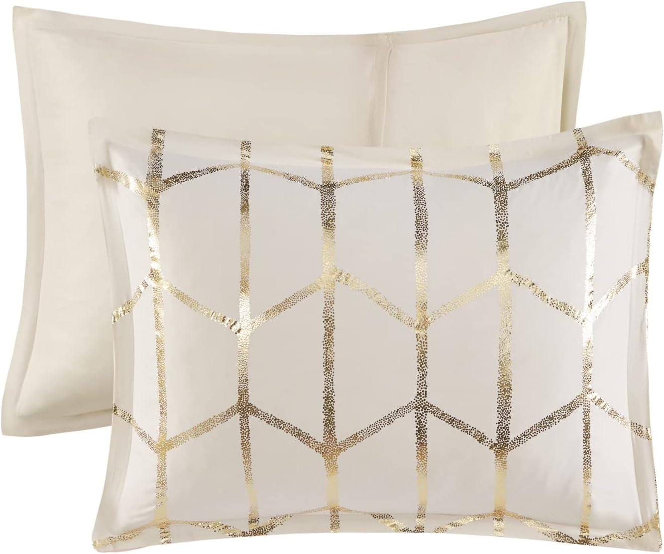 Raina King/Cal King Comforter Set, Modern Geometric Metallic Bed Set, 5 Pieces with 2 Shams, 2 Toss Pillows Ivory/Gold
