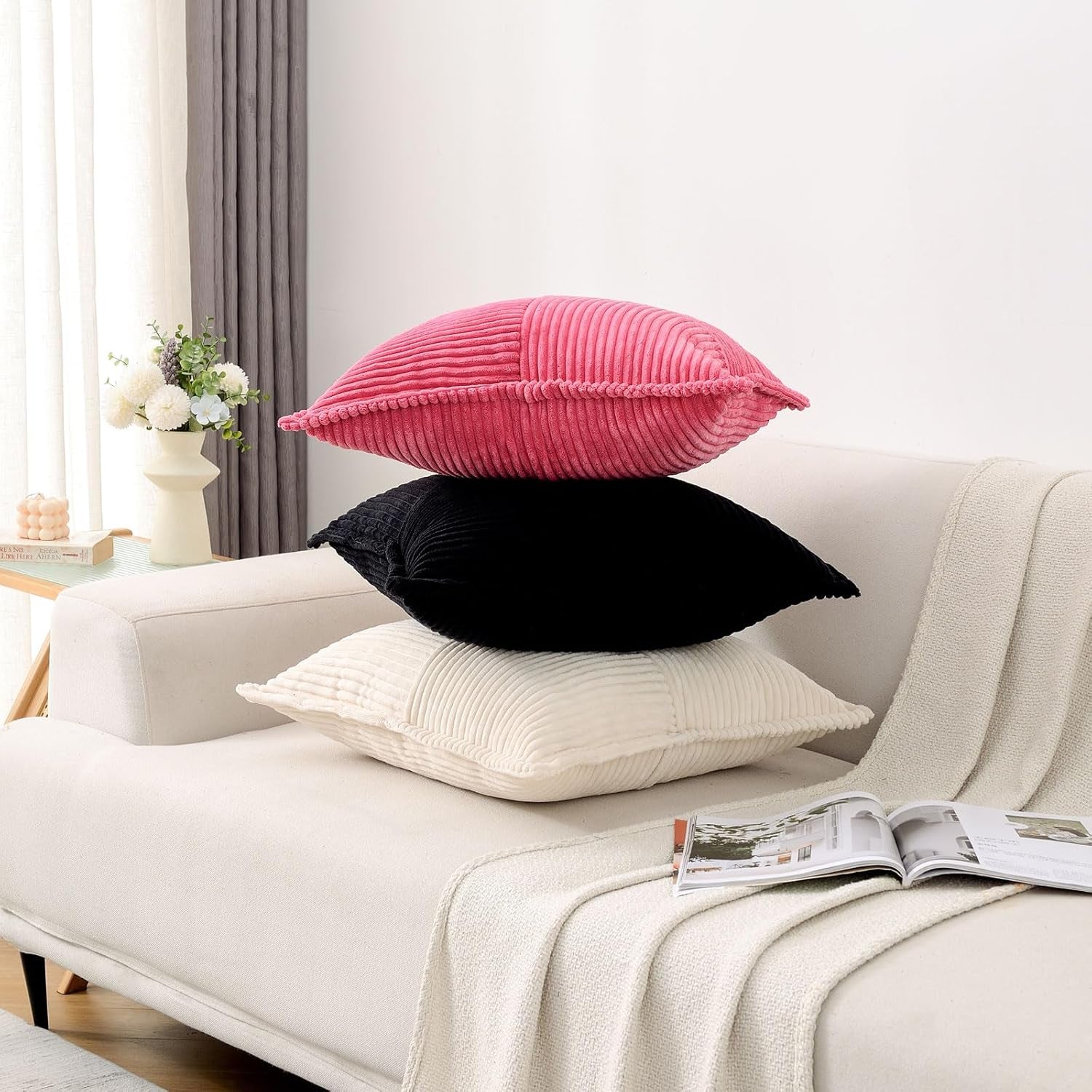 Hot Pink Throw Pillow Covers 18X18 Inch Set of 2, Soft Solid Corduroy Striped