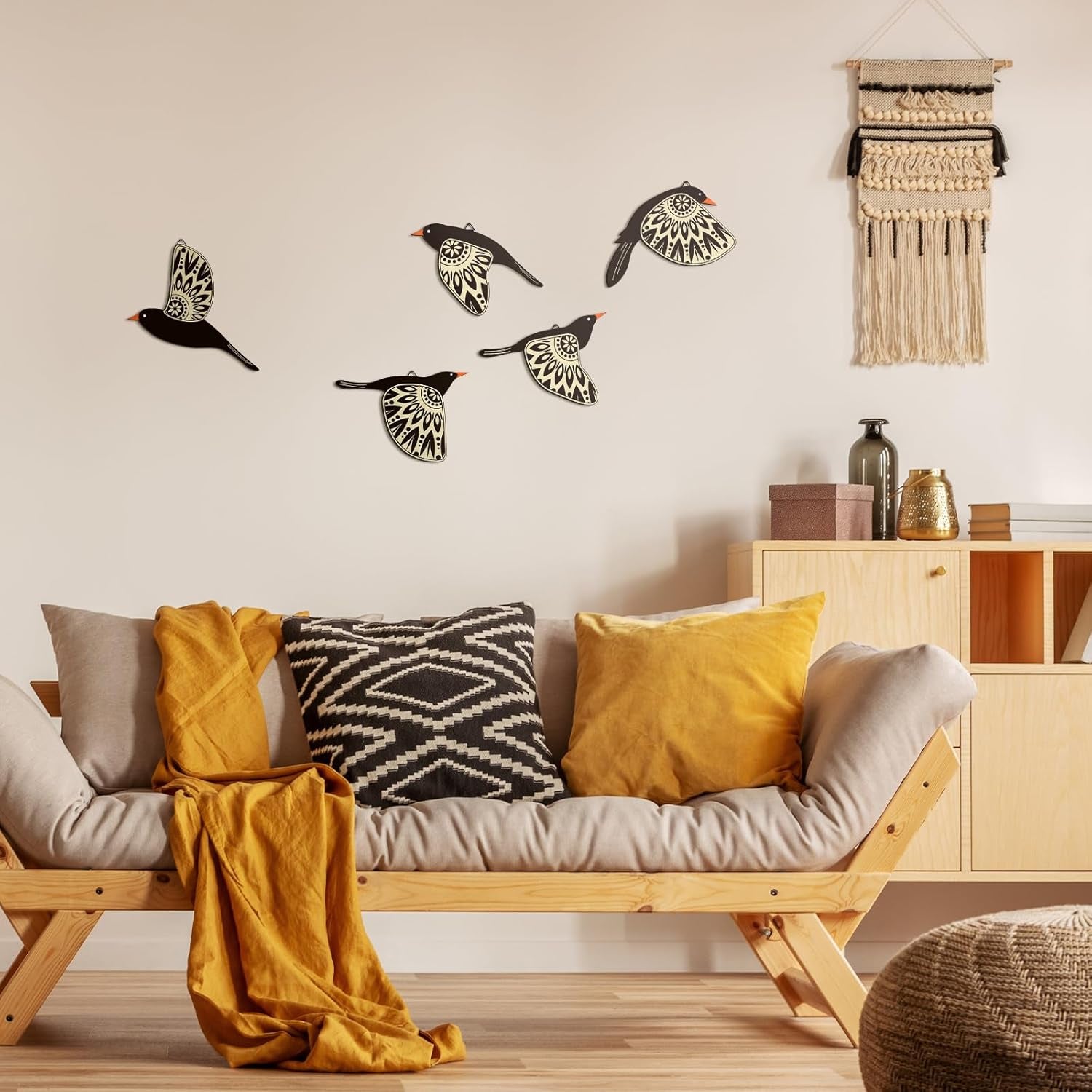 5 Pcs Wooden Bird Wall Art Wood Flying Birds Wall Decor (Black)
