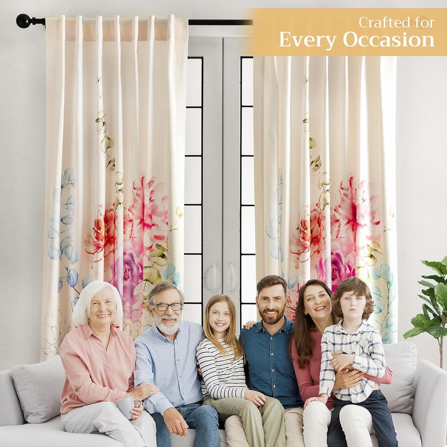 Maison D'Hermine Curtain,100% Cotton 96 Inch Length One Panel Window Curtain- Floral Beige, 50" W X 96" L