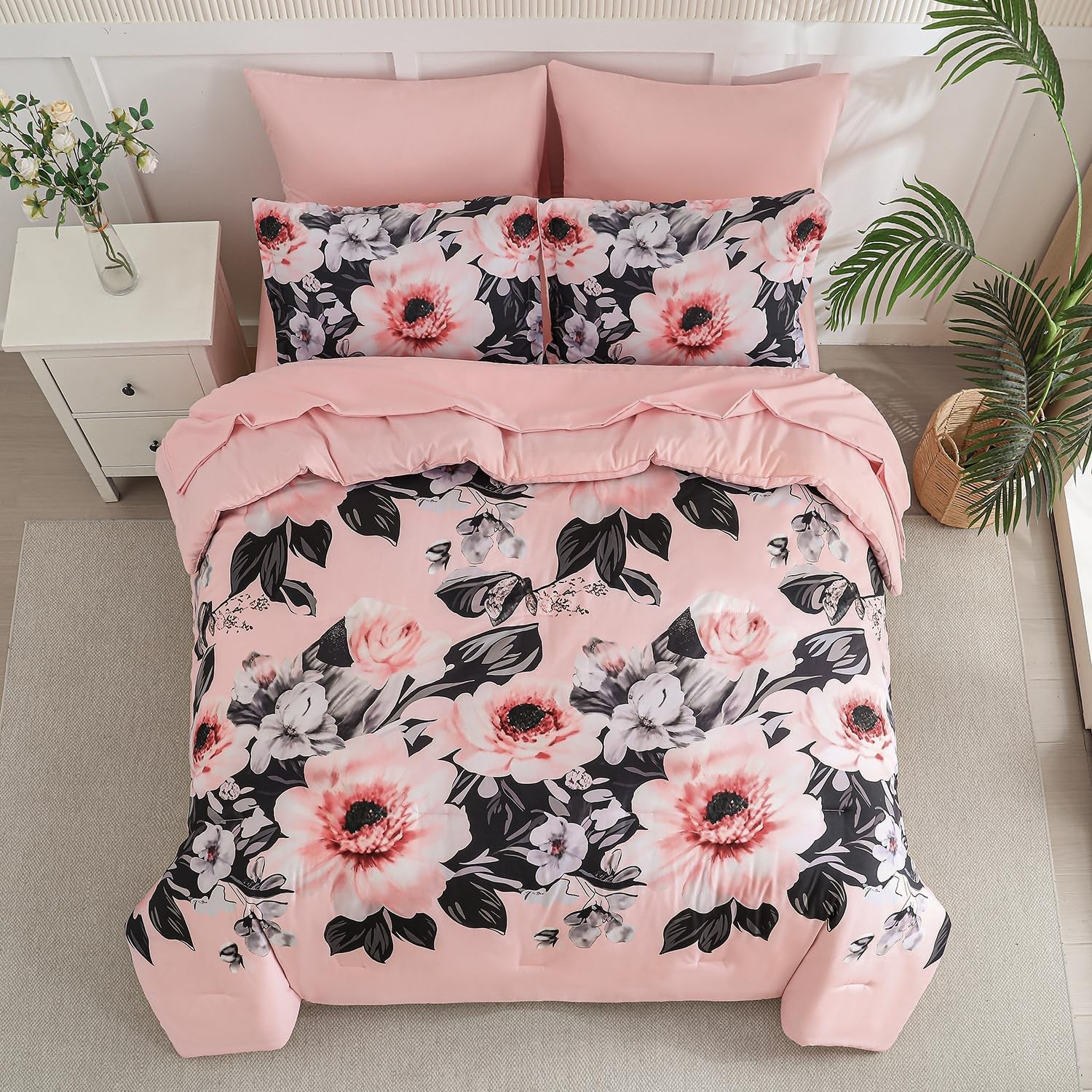 Queen Comforter Set 7 Piece Bed in a Bag, Pink Black Floral Botanical Pattern Blush Bedding Set, with Sheet Set, (Pink Black,Queen)