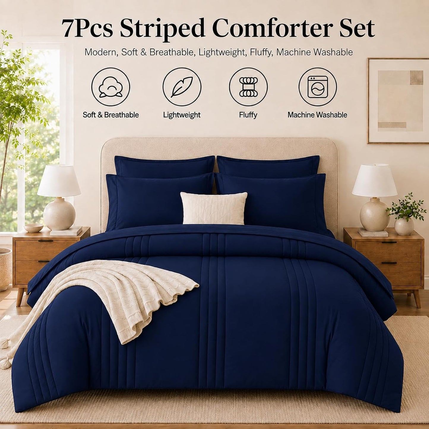King Size Comforter Set Navy Blue, 7 Pieces Bed in a Bag Bedding