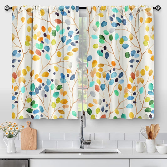 Colorful Leaves Kitchen Curtains - Floral Spring Botanical Tier Cafe Curtains Farmhouse Country Small Window Curtains Rod Pocket Window Drapes 24 Inch 2 Panels Set 28"X24"