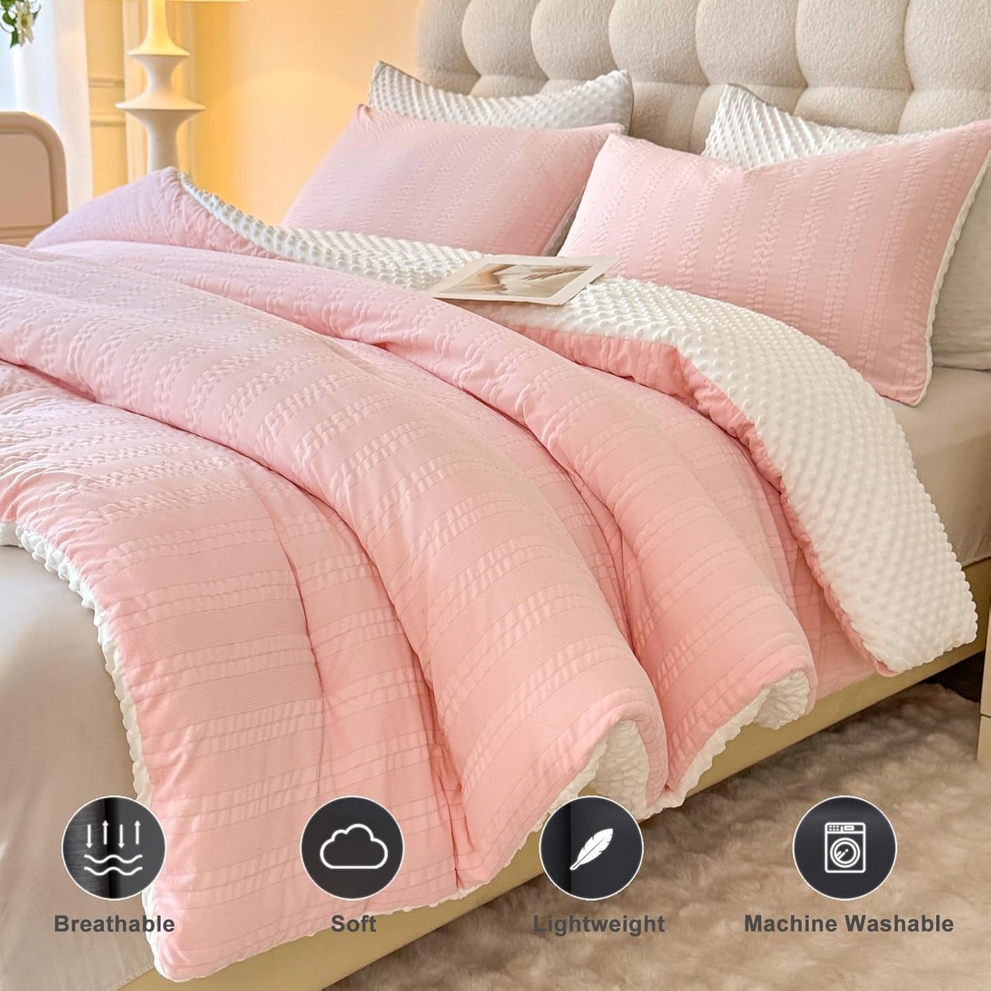 Boho Comforter Set, Full Size Striped Pleats Bohemian Seersucker Bedding Set, All Season Soft Cozy 3 Pieces Quilt with 2 Pillowcases(80"X90" Blush Pink)
